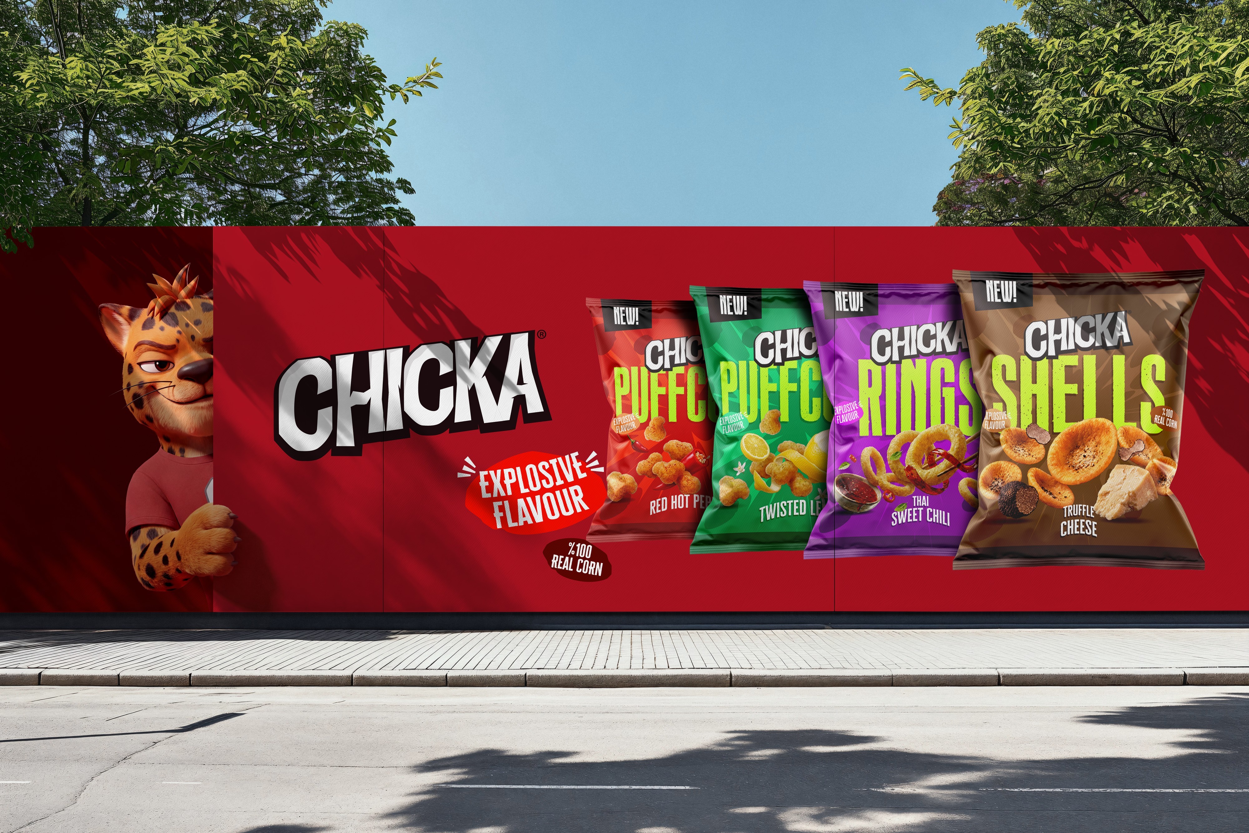 A red street hoarding with the Chicka wordmark, four packs in four colours and the cheetah mascot peeking in