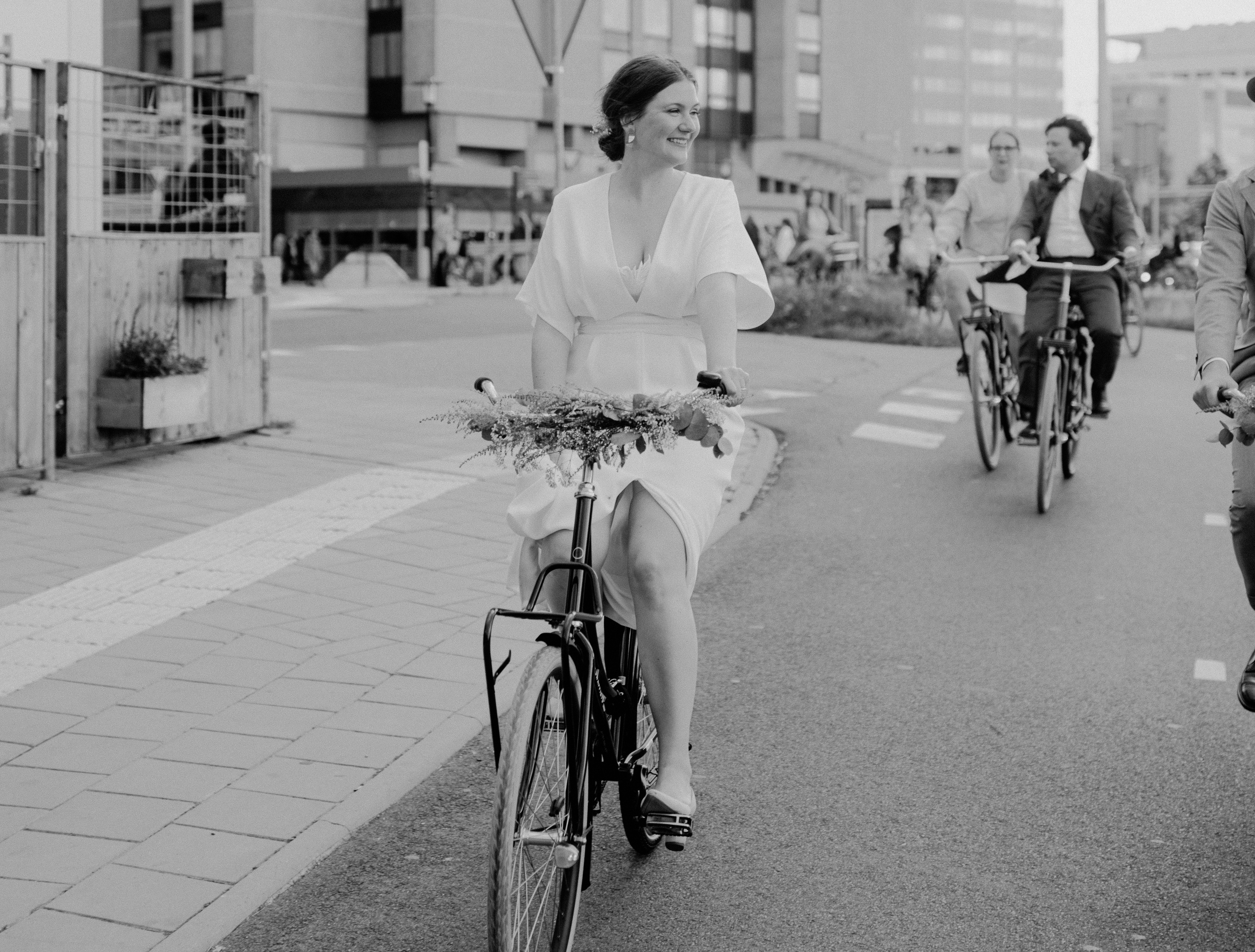 woman in bike black and white