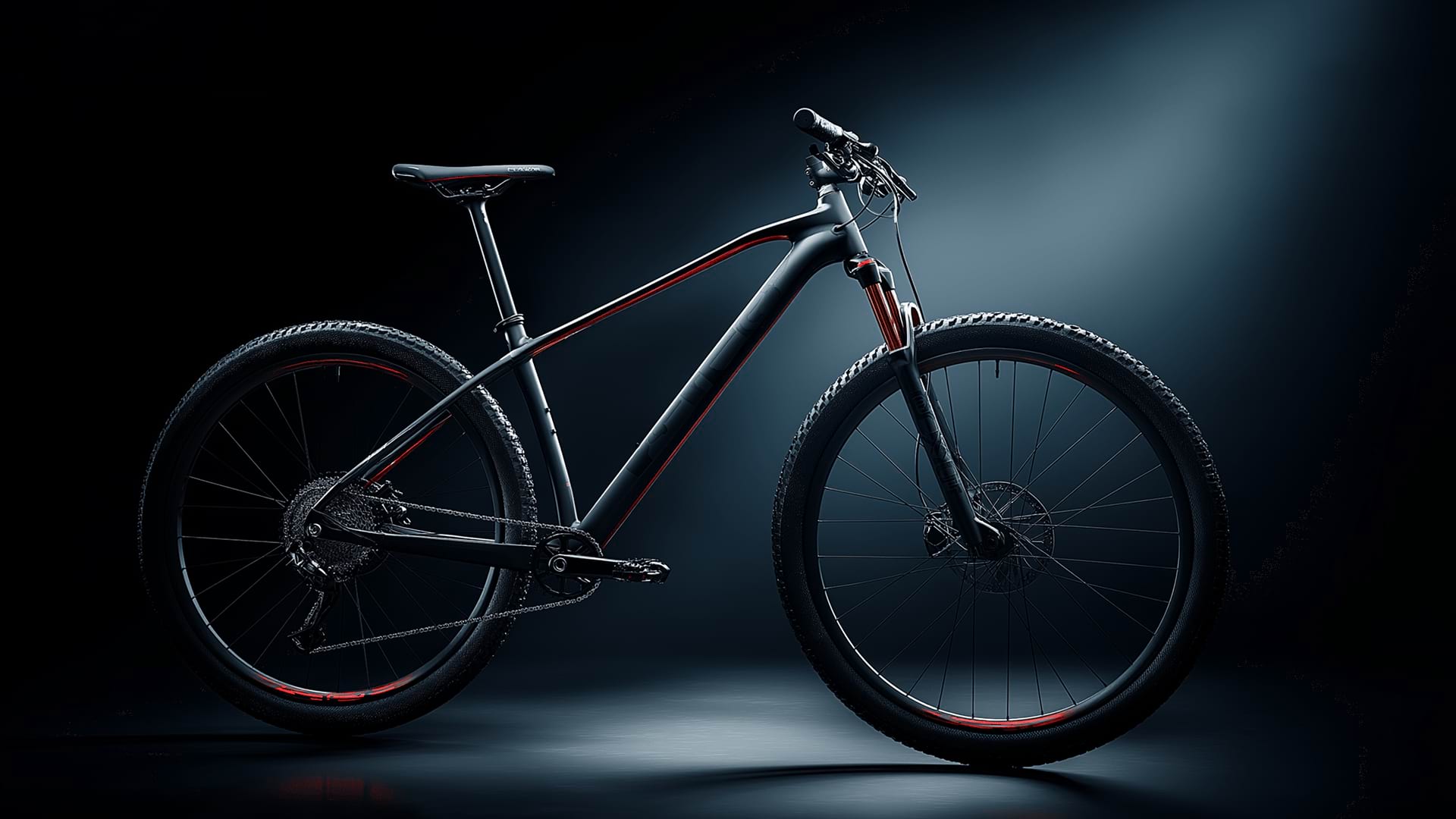 Sleek black mountain bike with red accents on tires and frame, highlighted against a dark, dramatic background, conveying a sense of speed and adventure.