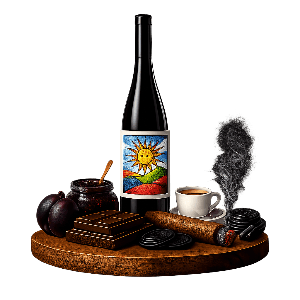Artistic label and flavor profile for Canelones Tannat on a rustic wooden table.
