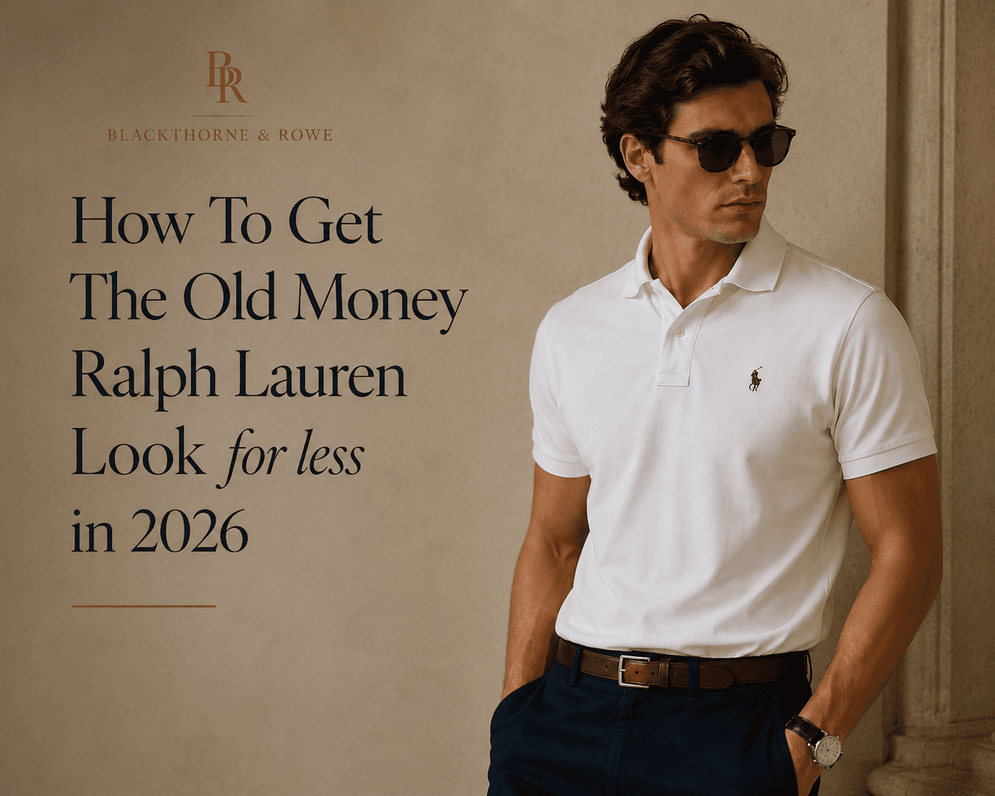 Editorial digital style guide graphic by Blackthorne & Rowe. The left side features bold typography text on a solid beige background reading "How To Get The Old Money Ralph Lauren Look for less in 2026." The right side showcases a man wearing a white Ralph Lauren pima cotton polo shirt, dark navy blue trousers, a classic brown leather belt, a leather-strap watch, and tortoiseshell sunglasses while posing looking to the side against a neutral stone background.