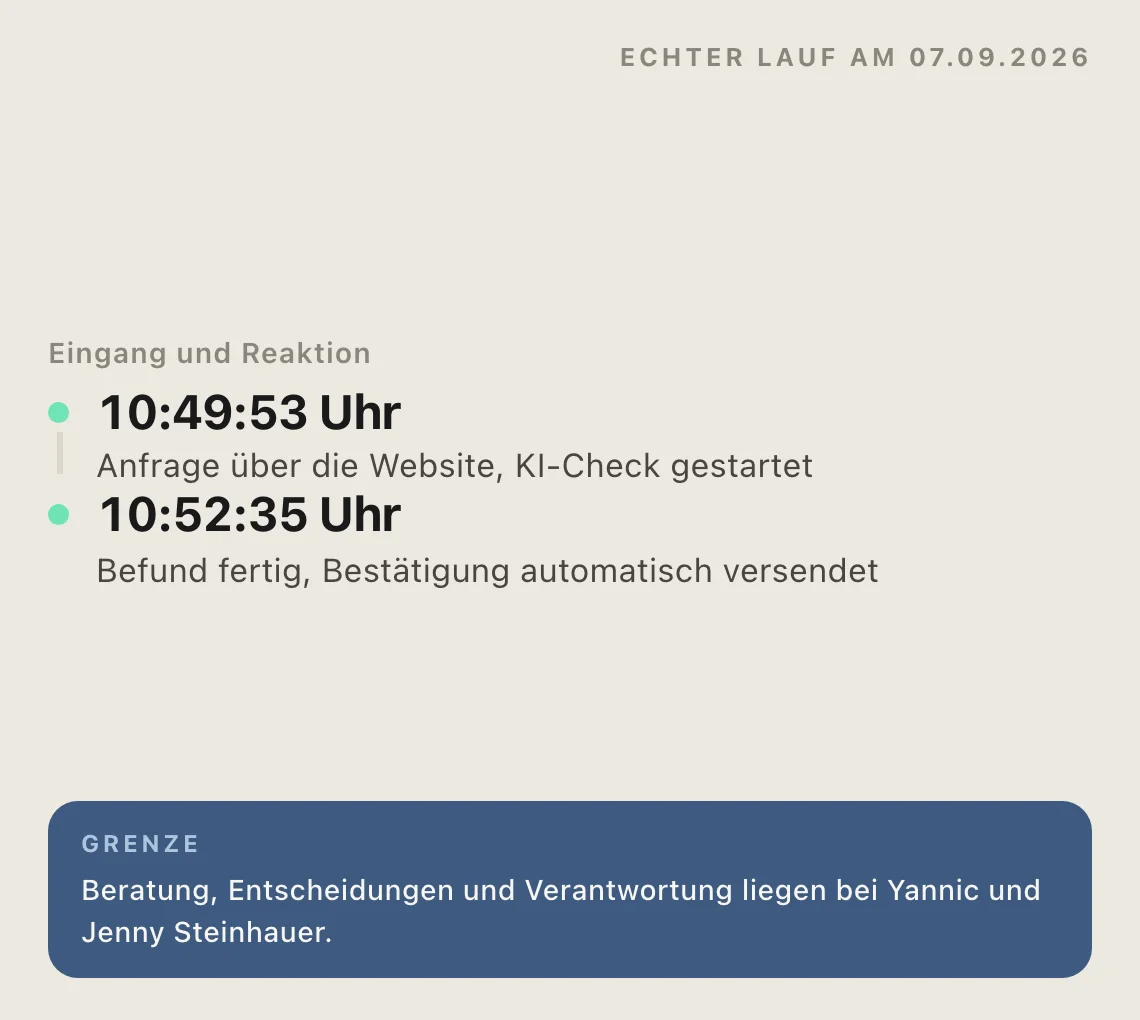 Zeitleiste eines Laufs vom 07.09.2026: Anfrage um 10:49:53 Uhr, Befund und Bestätigung automatisch um 10:52:35 Uhr, darunter der Hinweis, dass Beratung und Entscheidungen bei Yannic und Jenny Steinhauer liegen