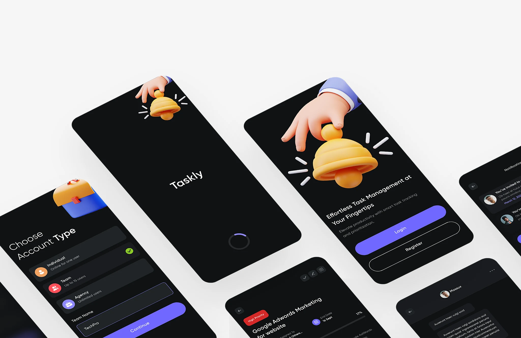 Task management app account setup screen with user roles, dark mode UI, and modern mobile design