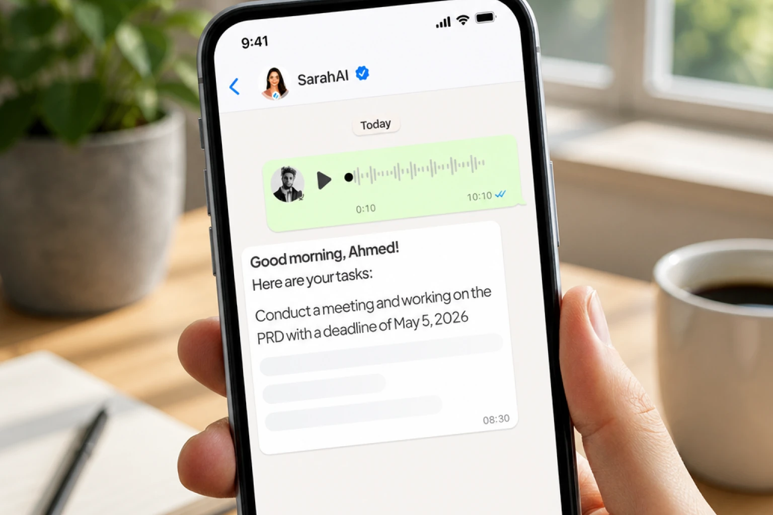 SarahAI creating tasks reminders and a meeting from one WhatsApp voice note