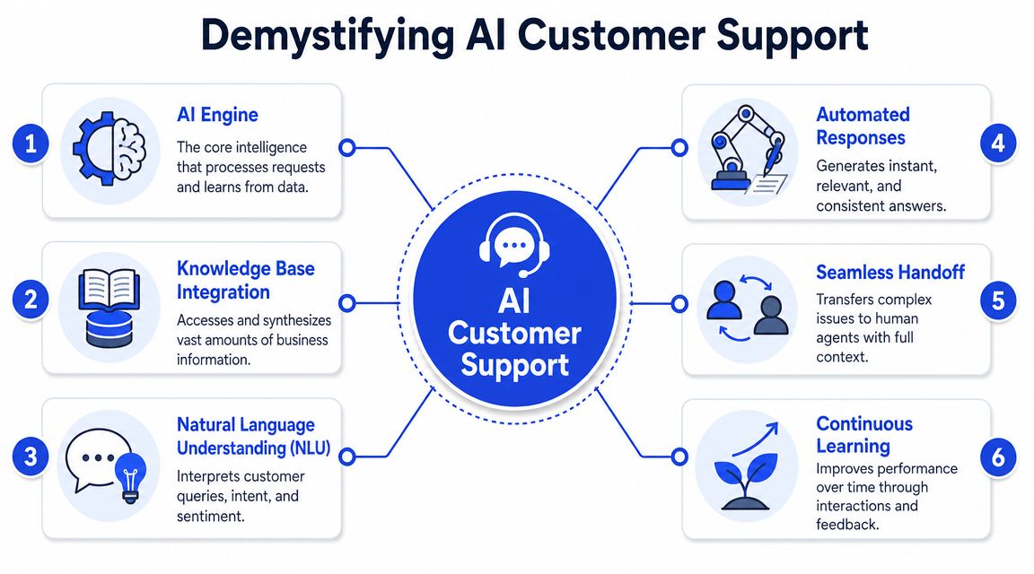 An infographic titled Demystifying AI Customer Support showing six core components like AI Engine and Natural Language Understanding.