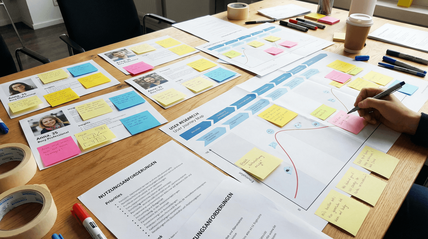 Arbeitsfläche mit mehreren Blättern, die mit bunten Haftnotizen beschriftet sind, und einer Hand, die eine Notiz beschreibt