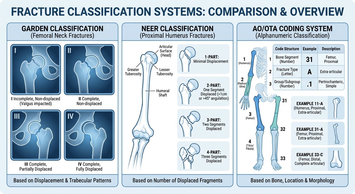 Garden, Neer, and AO/OTA fracture classification systems comparison infographic