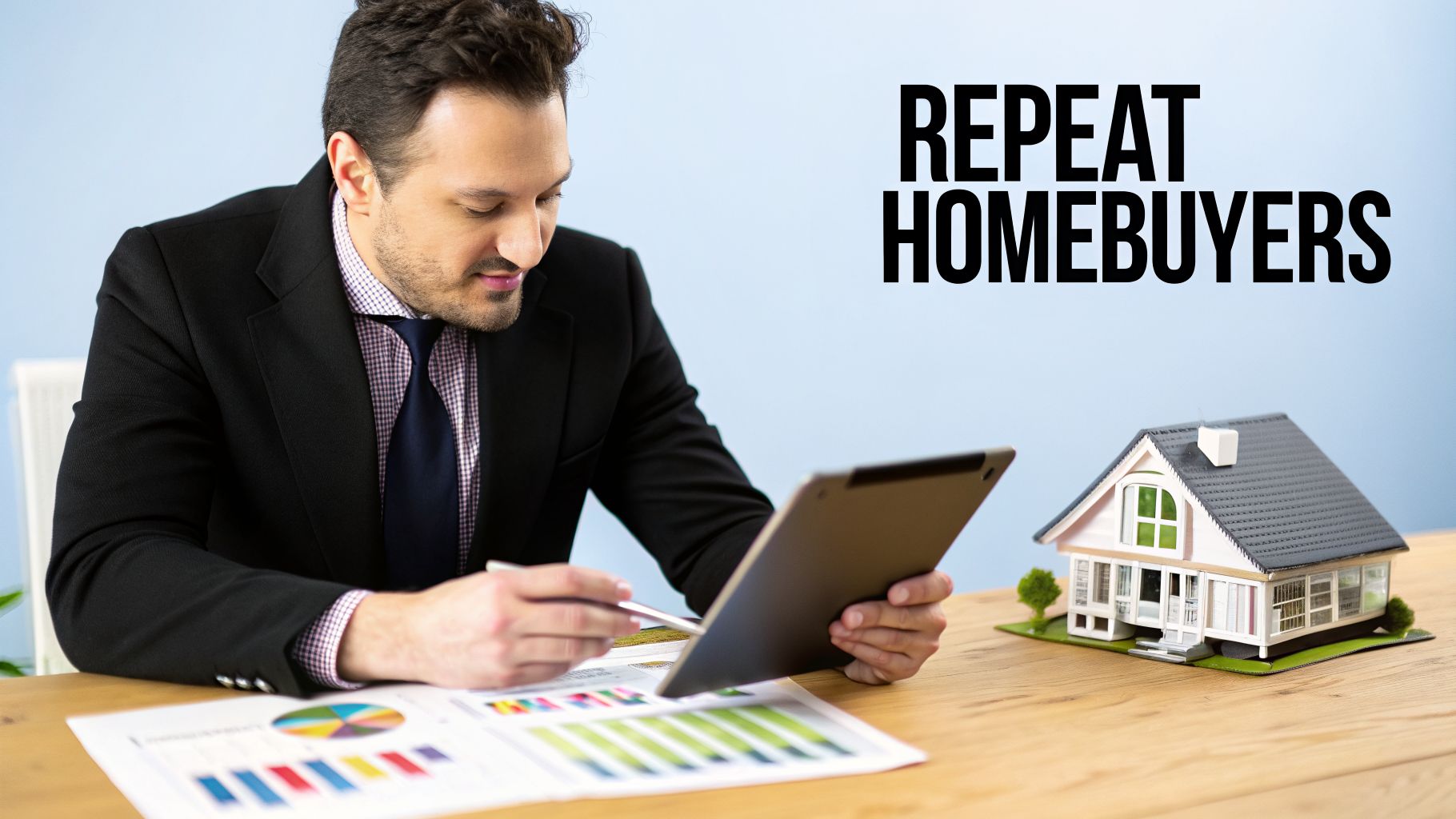A man in a suit looks at a tablet and charts next to a miniature house model, representing repeat homebuyers.