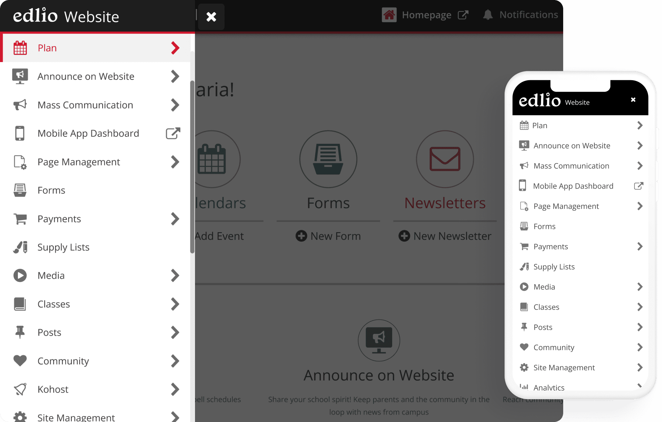screenshot of the burger menu on dashboard and mobile