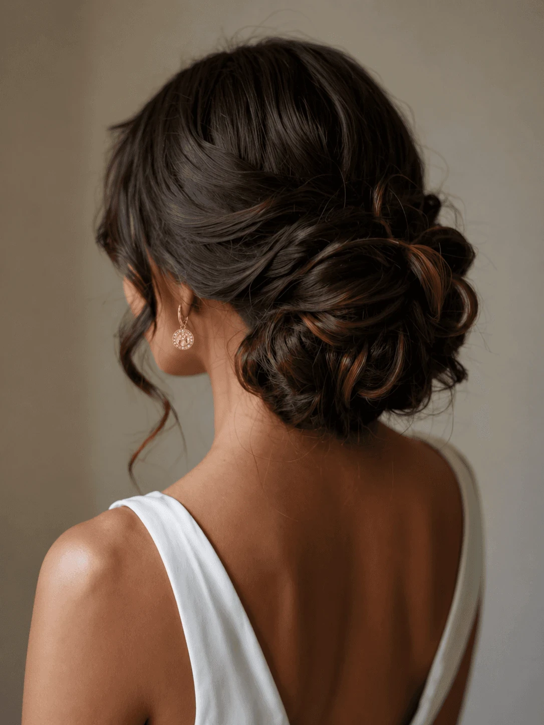 A woman with elegant, dark brown hair styled in a sophisticated, textured updo, wearing a white sleeveless dress and delicate rose gold earrings.