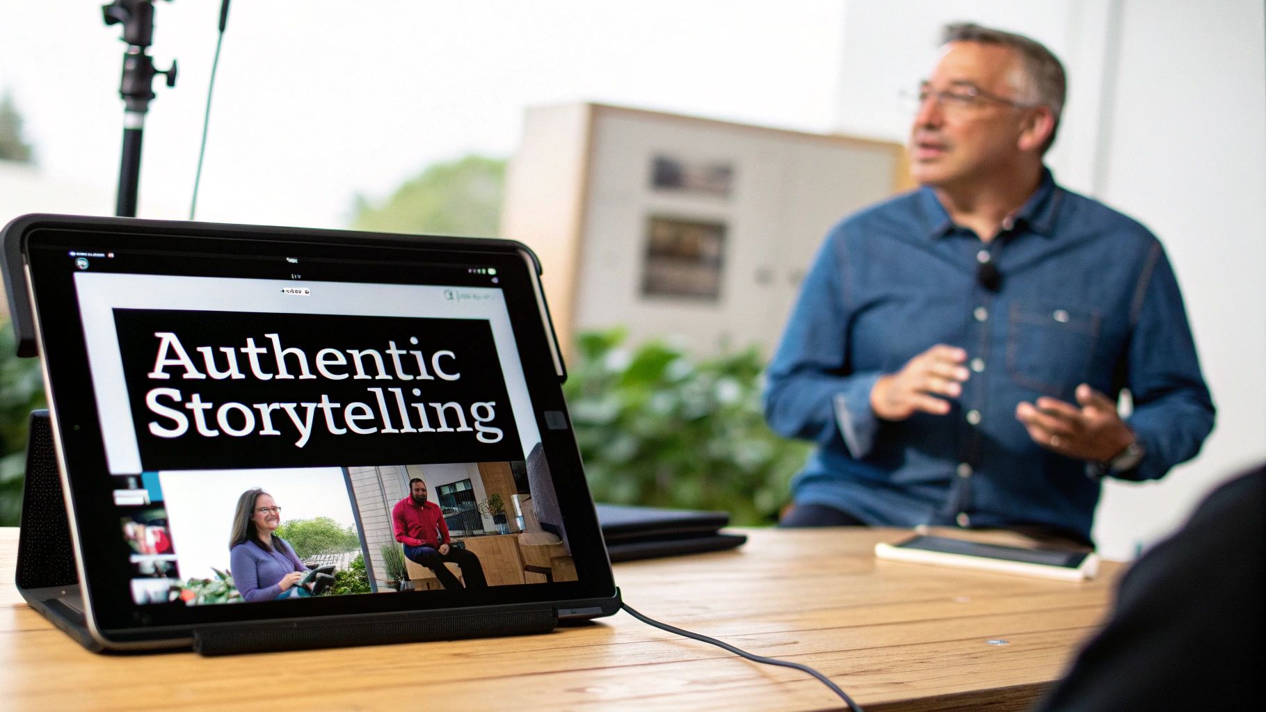 A tablet displays an 'Authentic Storytelling' presentation, with a blurred man in a denim shirt speaking in the background.