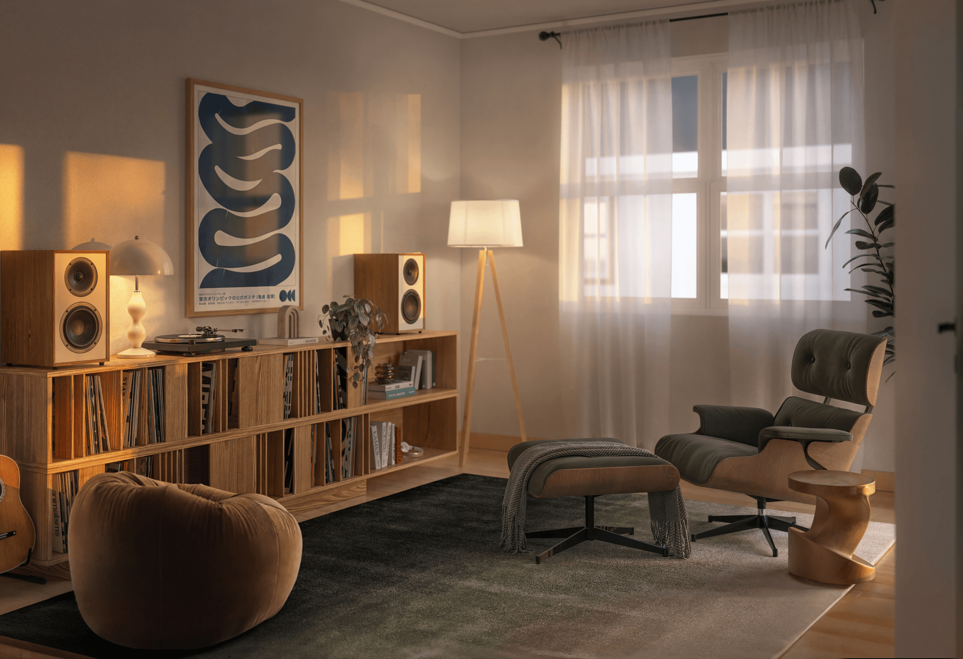 A spacious industrial-style interior with exposed brick walls, large windows, and natural light pouring in during sunset. Wooden desks with plants and workspace materials are arranged along the walls, with a view of greenery and an outdoor seating area.