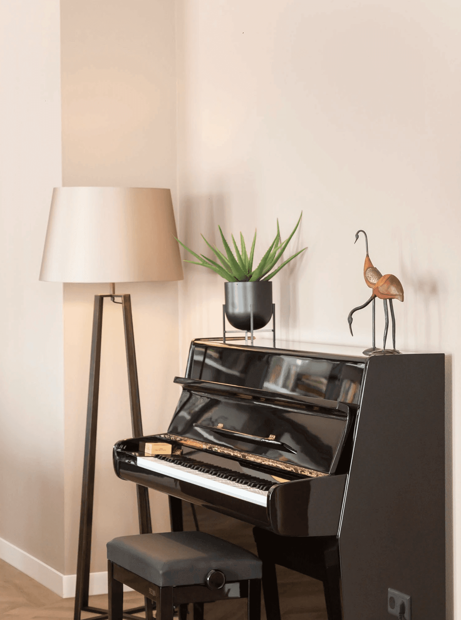 zwarte piano met driepoot lamp