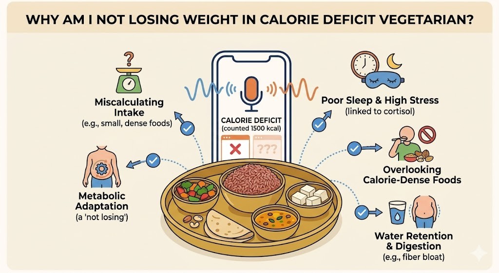 An infographic illustrating the common reasons for weight loss plateaus in a vegetarian calorie deficit diet, with examples like metabolic adaptation and poor sleep.