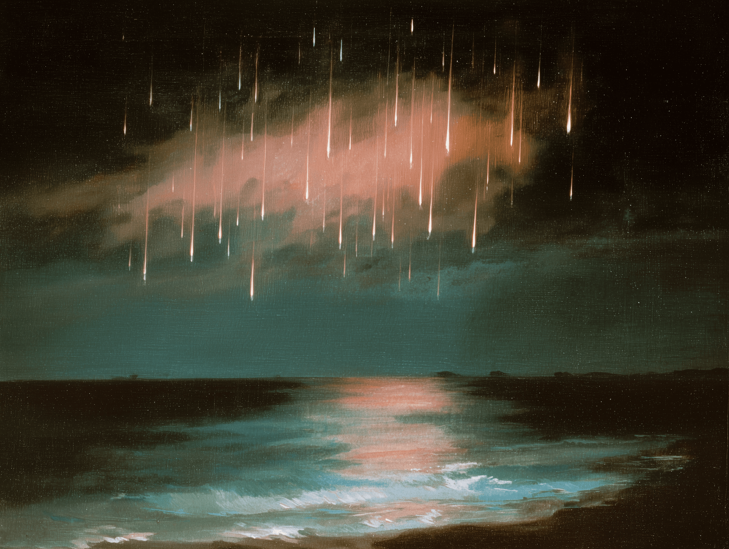 A lush forest landscape under a dramatic sky with large, billowing clouds and several birds flying. A path winds through the trees, and in the distance, a small cottage with a thatched roof is visible.