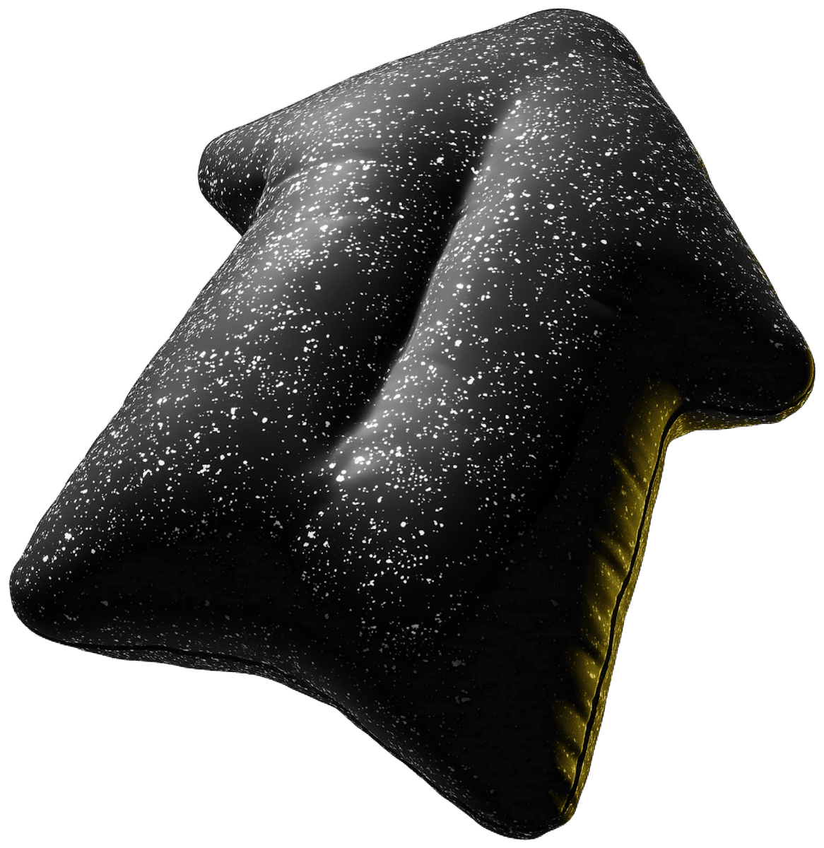 Abstract black sculptural form with a soft, inflated appearance and fine white speckled texture, subtly illuminated against a dark background.