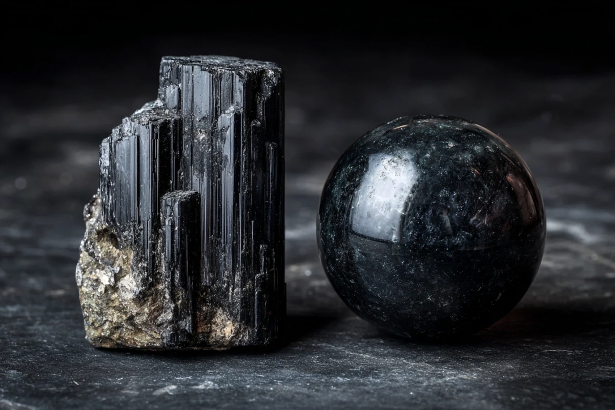 A raw black tourmaline crystal with visible vertical striations placed beside a polished black obsidian sphere on a dark slate surface.