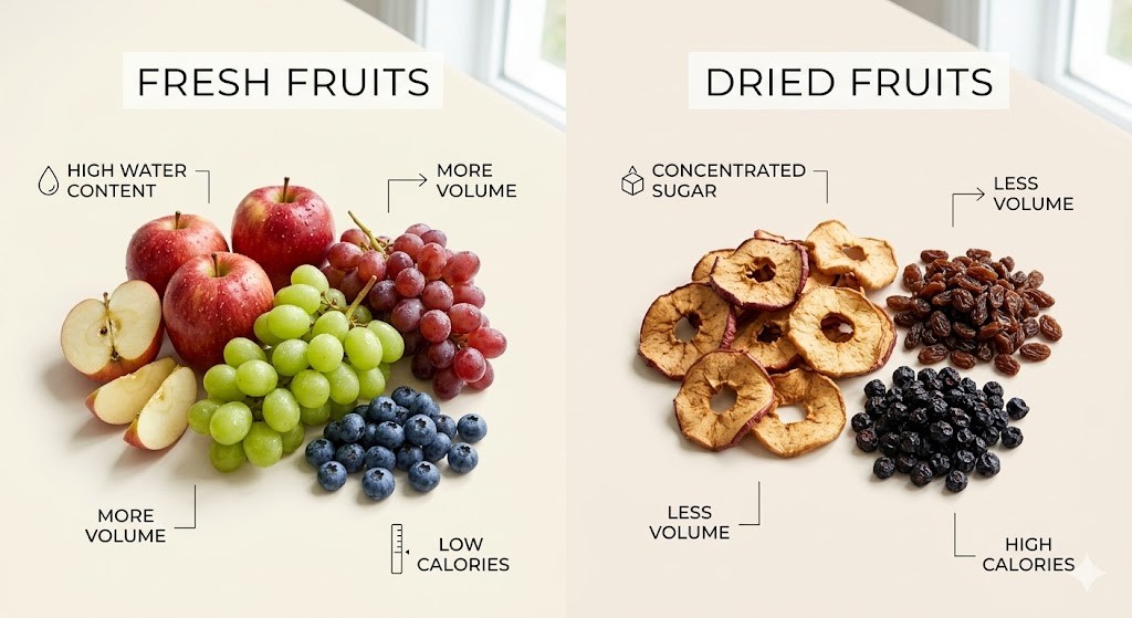 A side-by-side infographic comparing the characteristics of fresh fruit and dried fruit. The left side shows fresh apples, grapes, and blueberries with labels for 'High Water Content', 'More Volume', and 'Low Calories'. The right side displays dried apple rings, raisins, and dried blueberries with labels for 'Concentrated Sugar', 'Less Volume', and 'High Calories'.