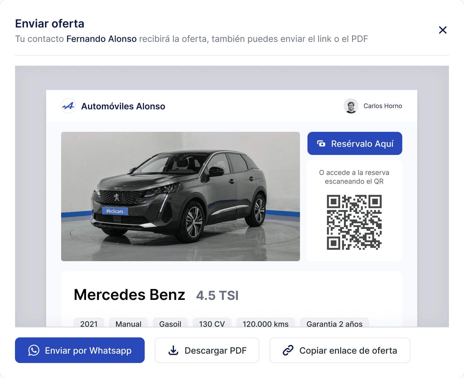 Mercedes Benz car offer details with options to share via WhatsApp, PDF, or link.