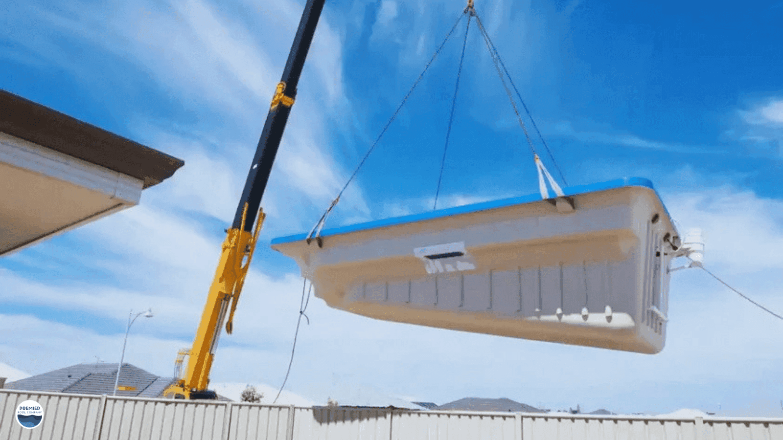 Fiberglass pool installation process showing construction steps