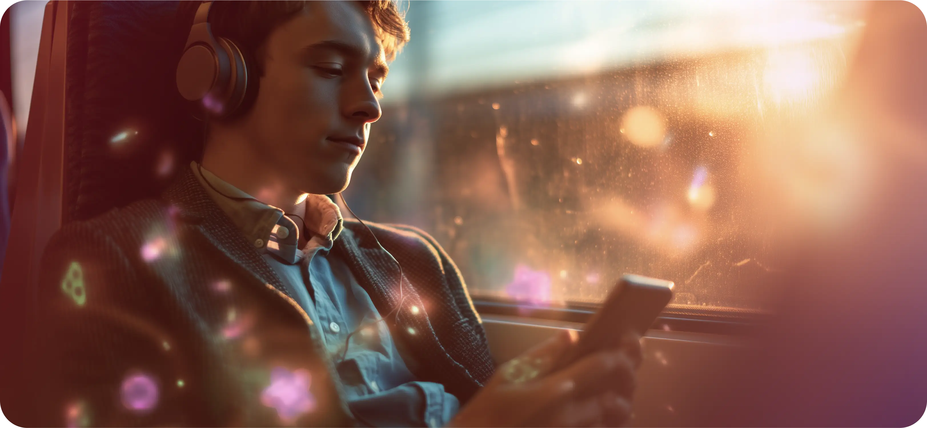 Un joven profesional viaja en tren al atardecer, con auriculares puestos y una expresión tranquila mientras sostiene su teléfono móvil con ambas manos. La luz cálida del sol entra por la ventana, iluminando suavemente su rostro. Del dispositivo emergen sutiles destellos y pequeños íconos coloridos que flotan en el aire, evocando el mundo del juego y la concentración del momento.