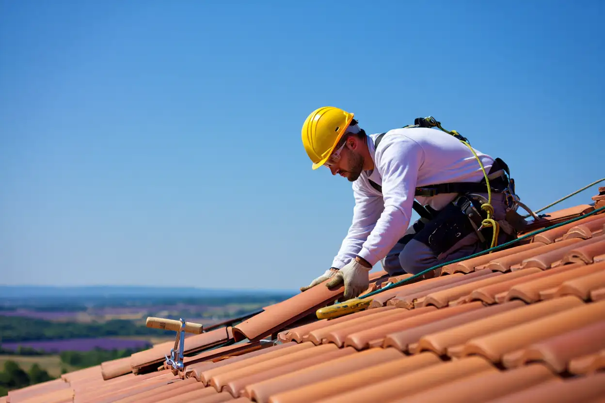 Couvreur de dos sur un toit de tuile rouge