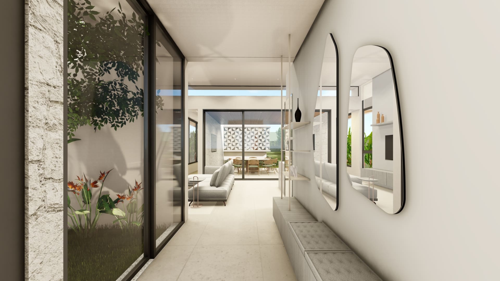 Nesse projeto, o destaque são os cobogós que percorrem a casa, inclusive o corredor. A sombra que eles projetam no piso muda conforme o sol e deixa o ambiente mais aconchegante.  Como complemento, a casa traz materiais naturais como a pedra e a madeira, que equilibram a composição e reforçam a conexão com a natureza.  Para a área gourmet, projetamos uma ilha de mármore, mesa redonda e aberta direto pro jardim, sendo uma área de lazer que se íntegra com a natureza. Inclusive, um detalhe é que a cozinha e o lado de fora dividem o mesmo teto de madeira.