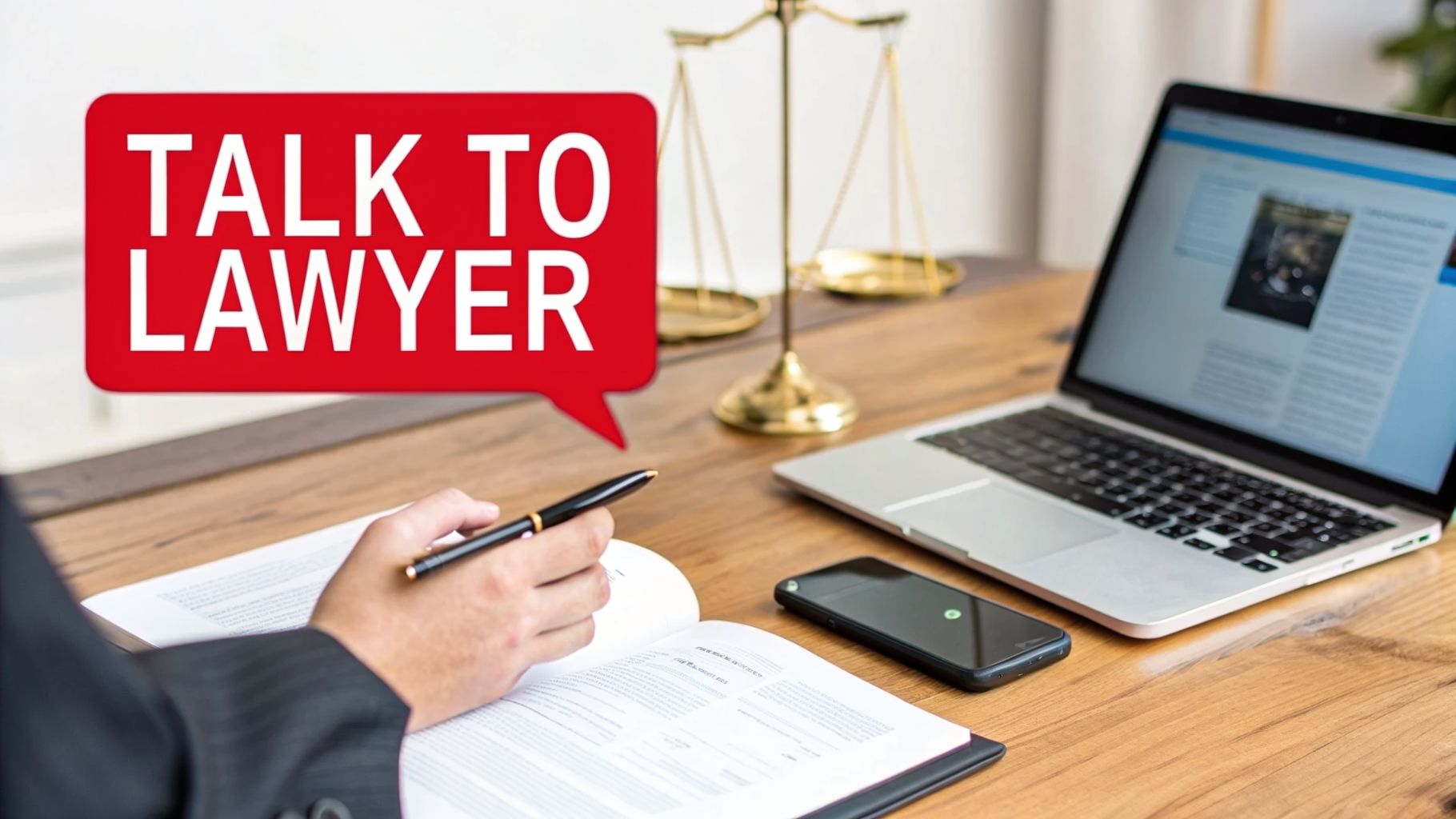 A person signing documents at a lawyer's desk with scales of justice and a 'TALK TO LAWYER' speech bubble.