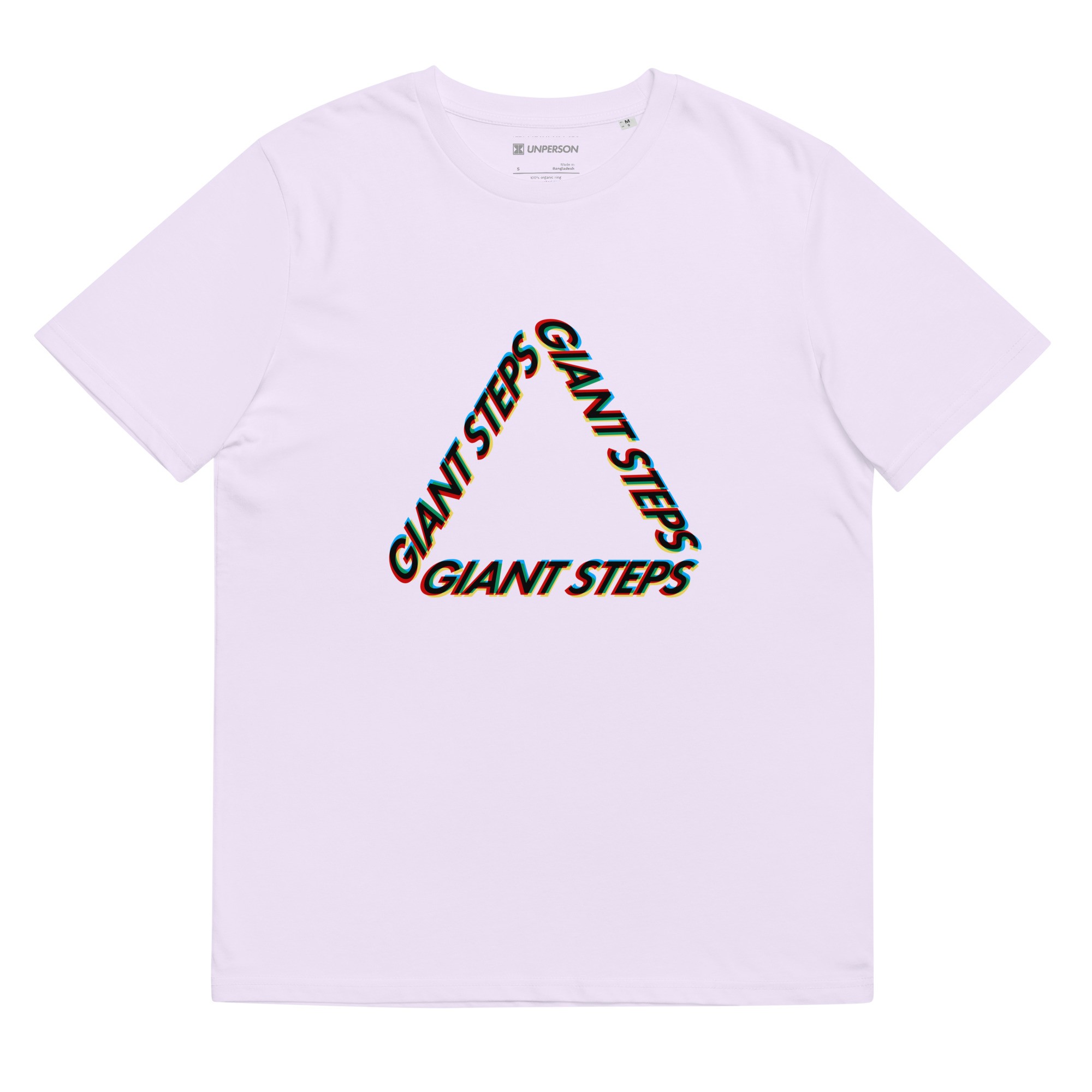 The Changes tee in lavender purple featuring typography art arranged in triangle with multiple colors