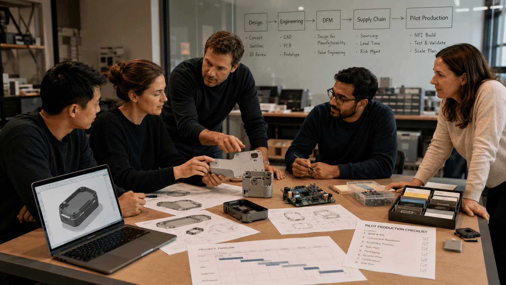 A cross-functional hardware development team reviews a prototype with sketches, CAD model, PCB, supplier samples, and workflow notes, showing integrated collaboration from design to pilot production.