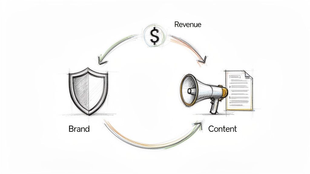 A sketch diagram illustrating the cyclical relationship between brand, content, and revenue.