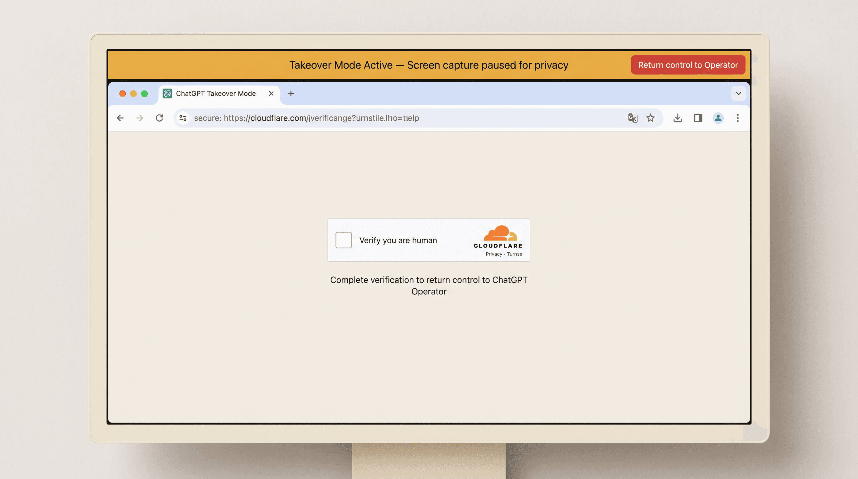 Teaching reconstruction of ChatGPT Operator Takeover Mode active warning screen during a Cloudflare verification challenge