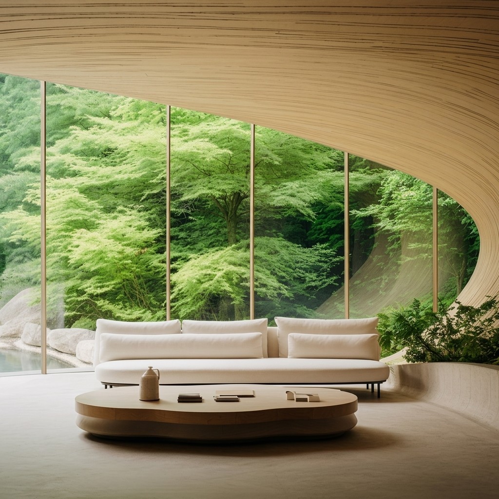 Modern living room with a curved slatted ceiling and floor-to-ceiling forest views.