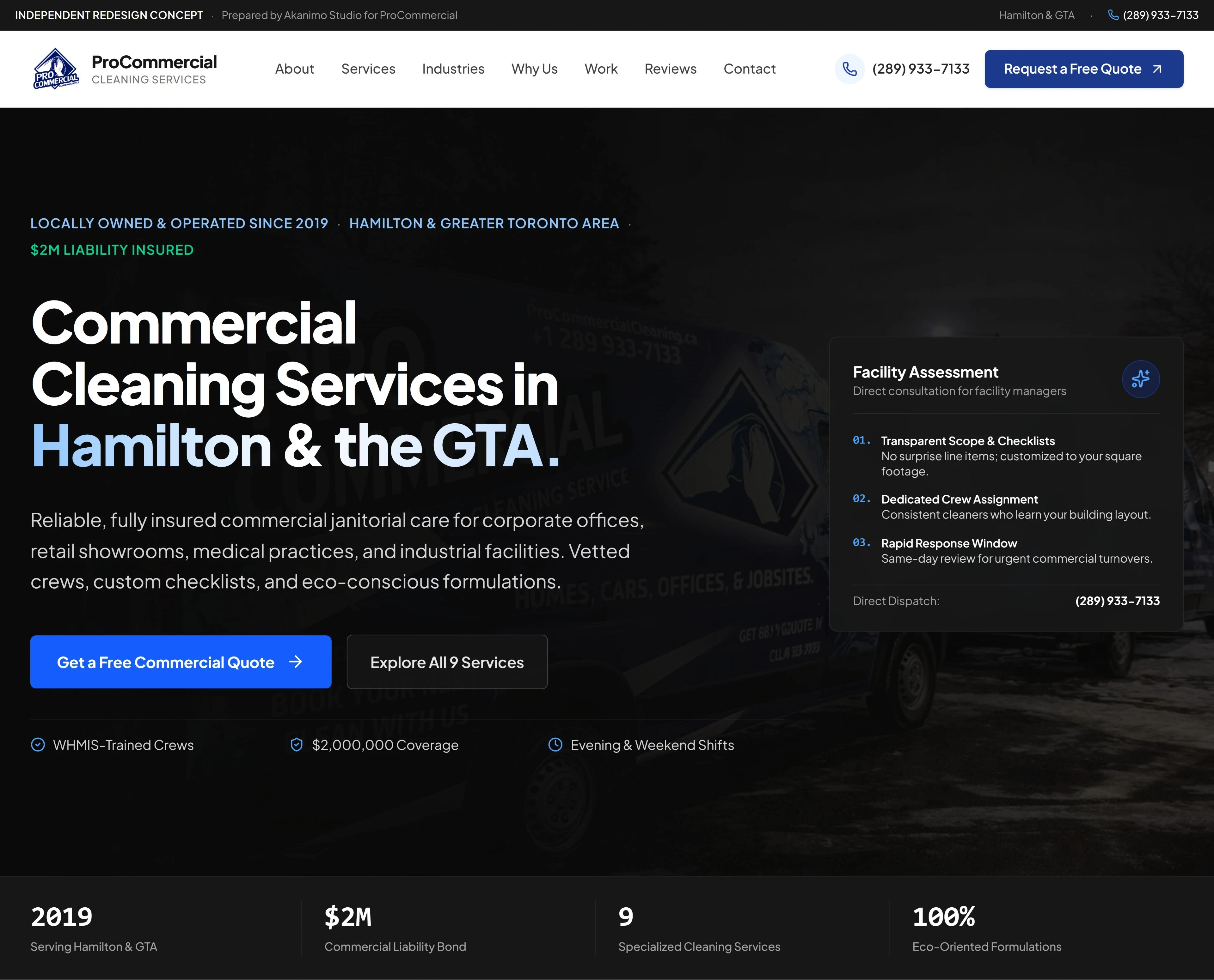 PROCOMMERCIAL CLEANING SERVICES — authentic full-width independent website concept interface.