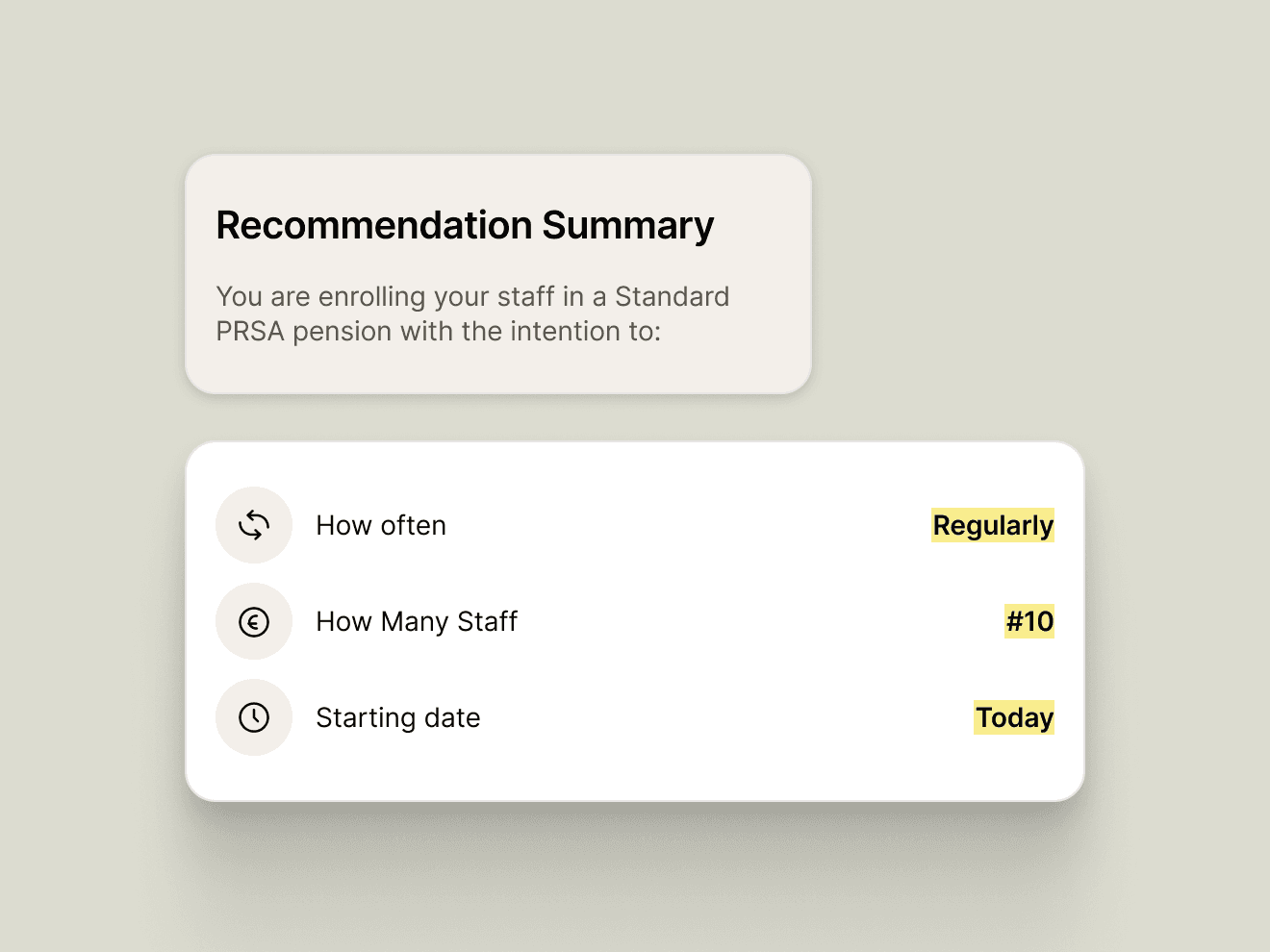 Recommendation summary for enrolling staff in a Standard PRSA pension, showing frequency and start date.