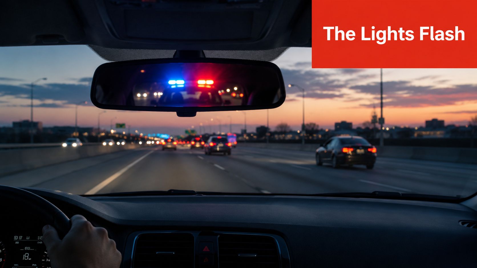 A driver's perspective inside a car looking at a police vehicle with flashing lights in rearview mirror.