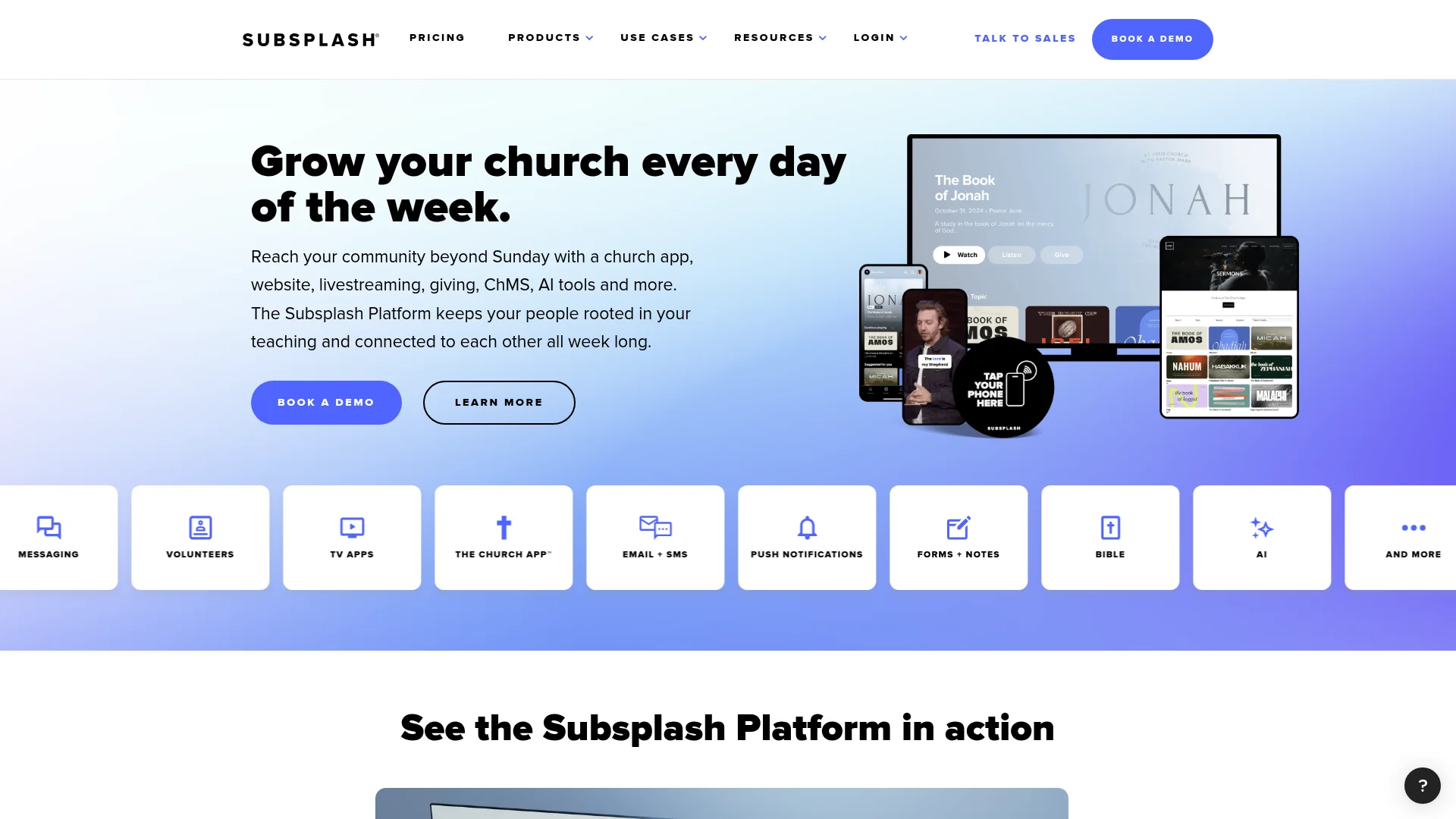 Subsplash church app and giving platform homepage