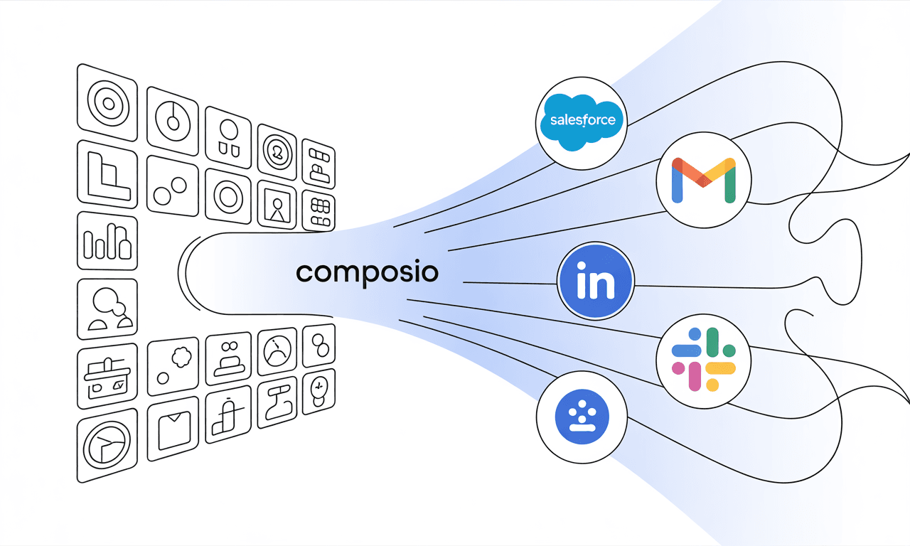 A bright Composio path cutting through an integration wall into a network of GTM tools.