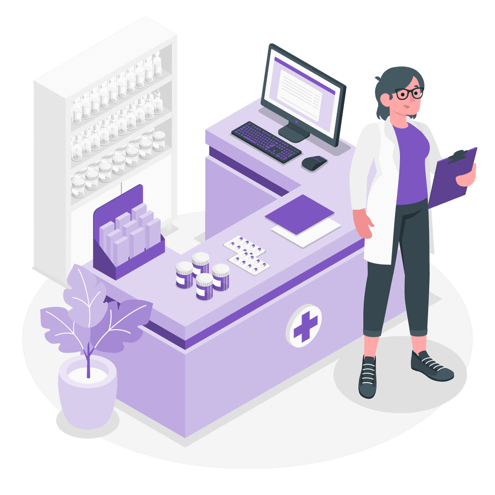 A modern pharmacy setting featuring a female pharmacist.