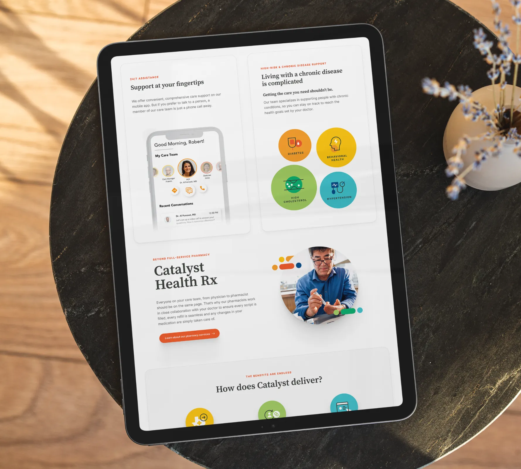 Catalyst Health Group website solutions pages — iPad mockup showing Catalyst Health Rx