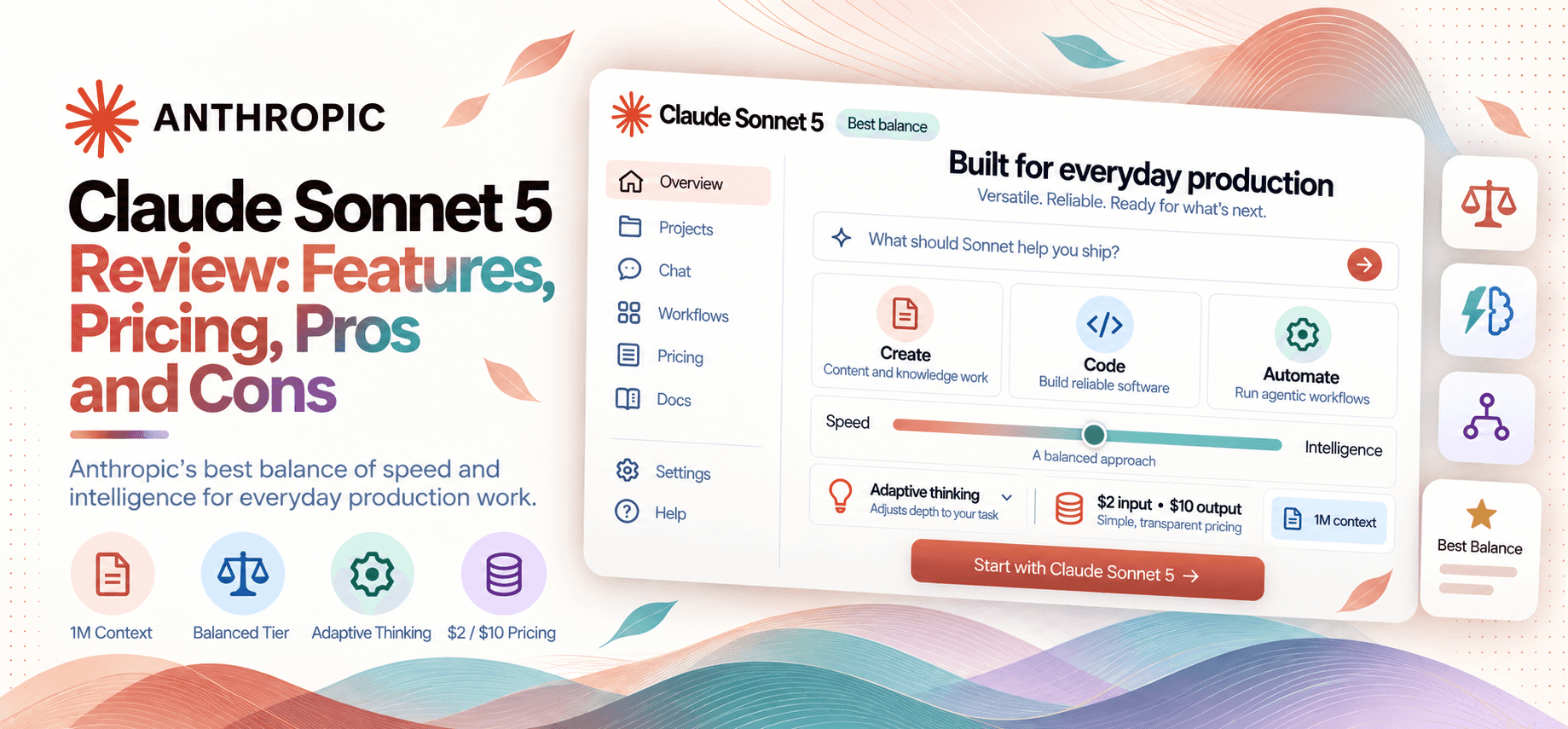 Claude Sonnet 5 review featured image highlighting Anthropic’s balanced AI model for production work, with one-million-token context, adaptive thinking, agentic workflows, and $2 input and $10 output pricing