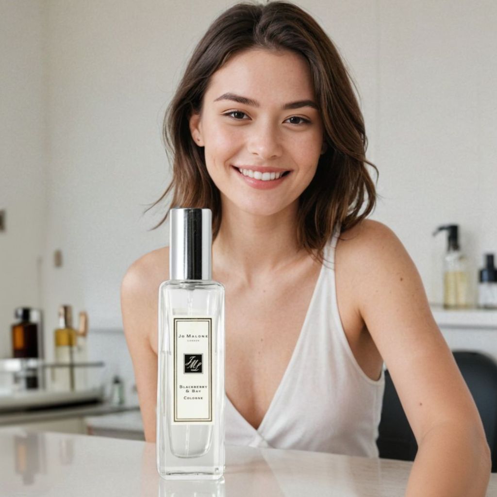 25 year old woman, sat in a white room with a perfume bottle