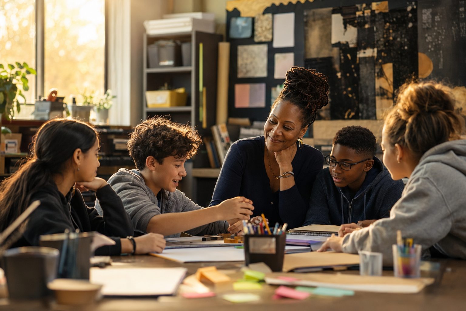 A teacher and students gathered around a table, laughing together during a classroom project