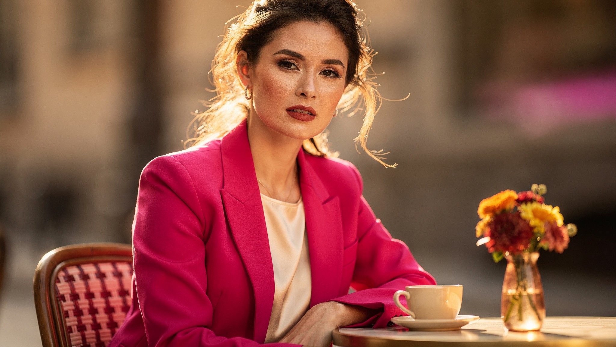 Creator in a stylish outfit at an outdoor cafe, ai photos of yourself in any setting