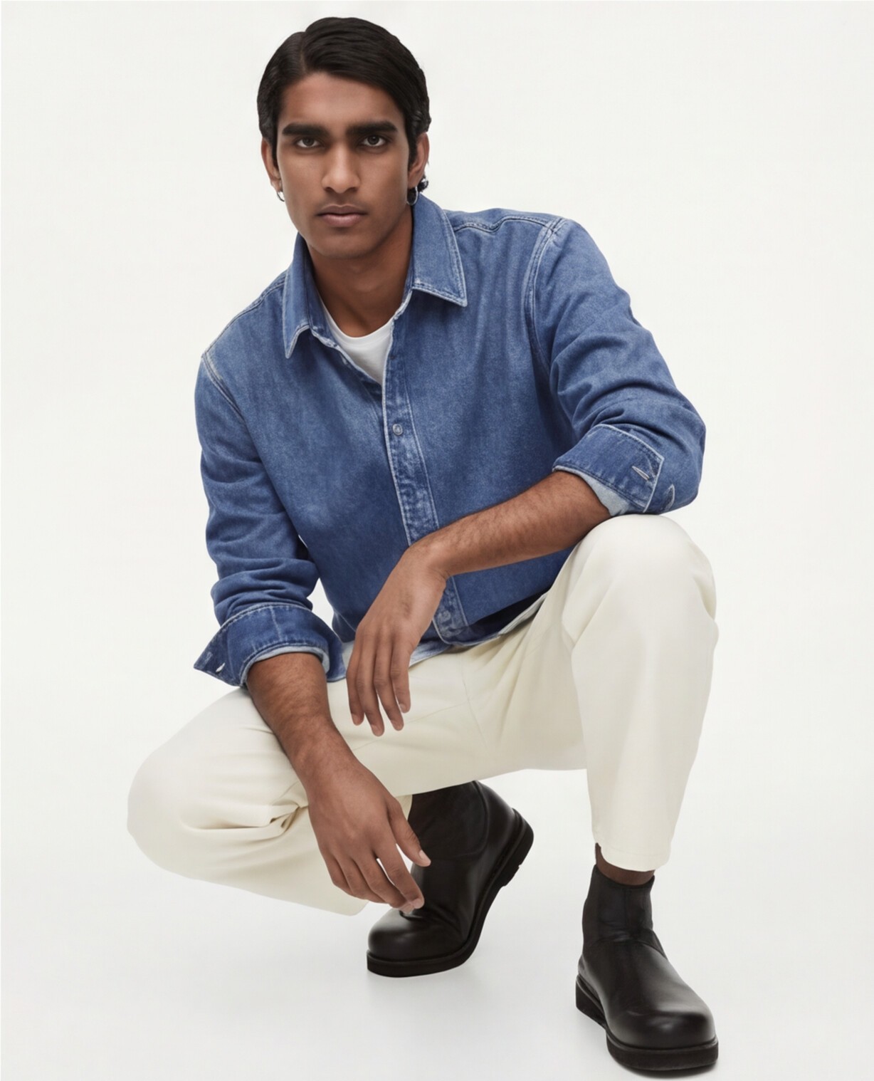 Washed Denim Shirt with Cream Cropped Trousers