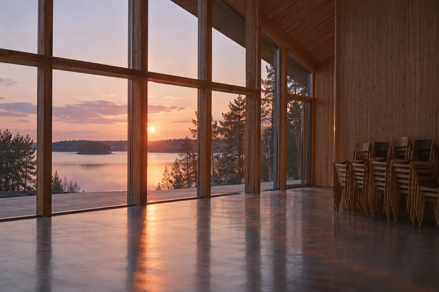 A wooden hall with tall windows and a concrete floor, wooden chairs stacked against the wall, the sun setting over a lake with an island.
