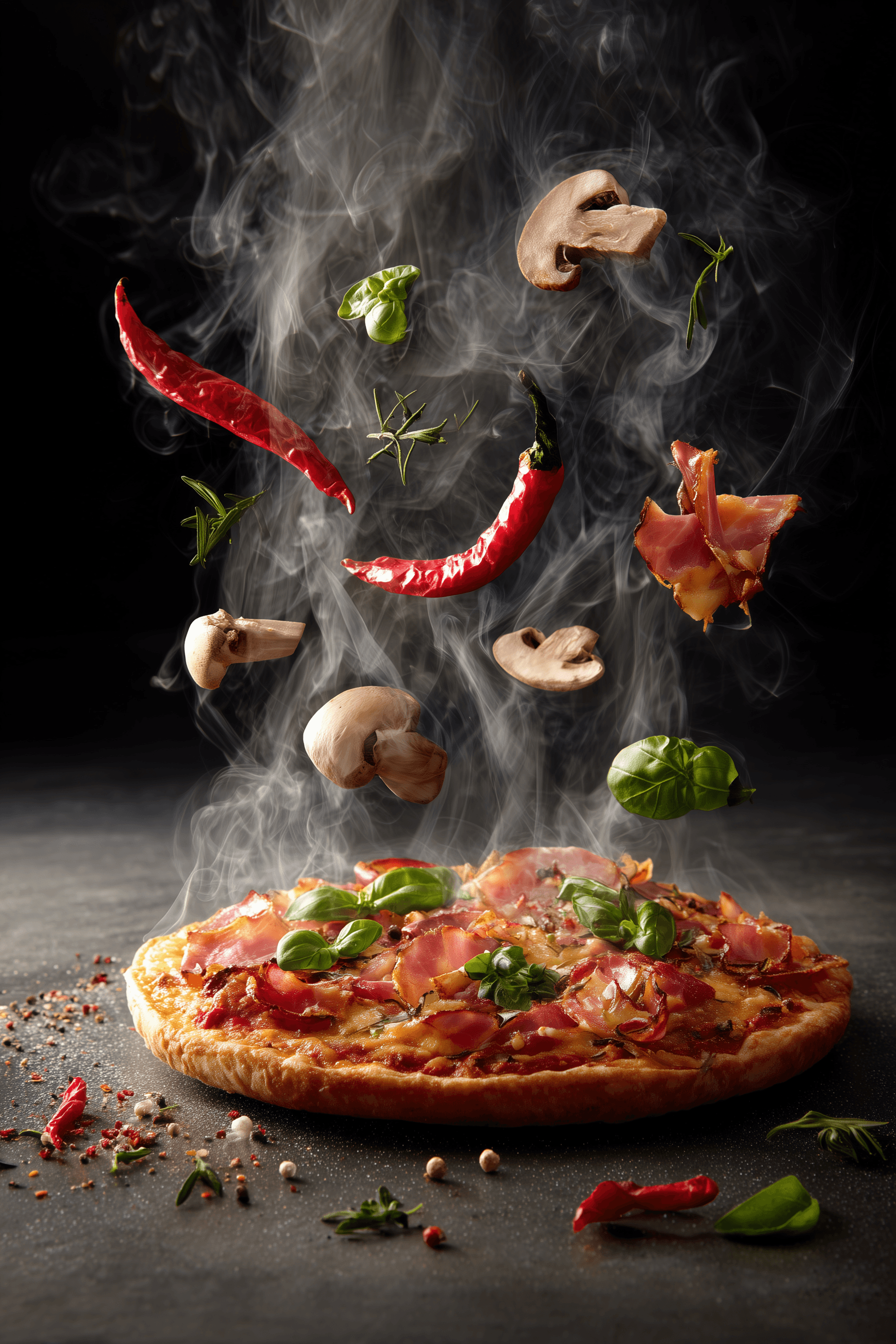 Steaming pizza with floating ingredients.
