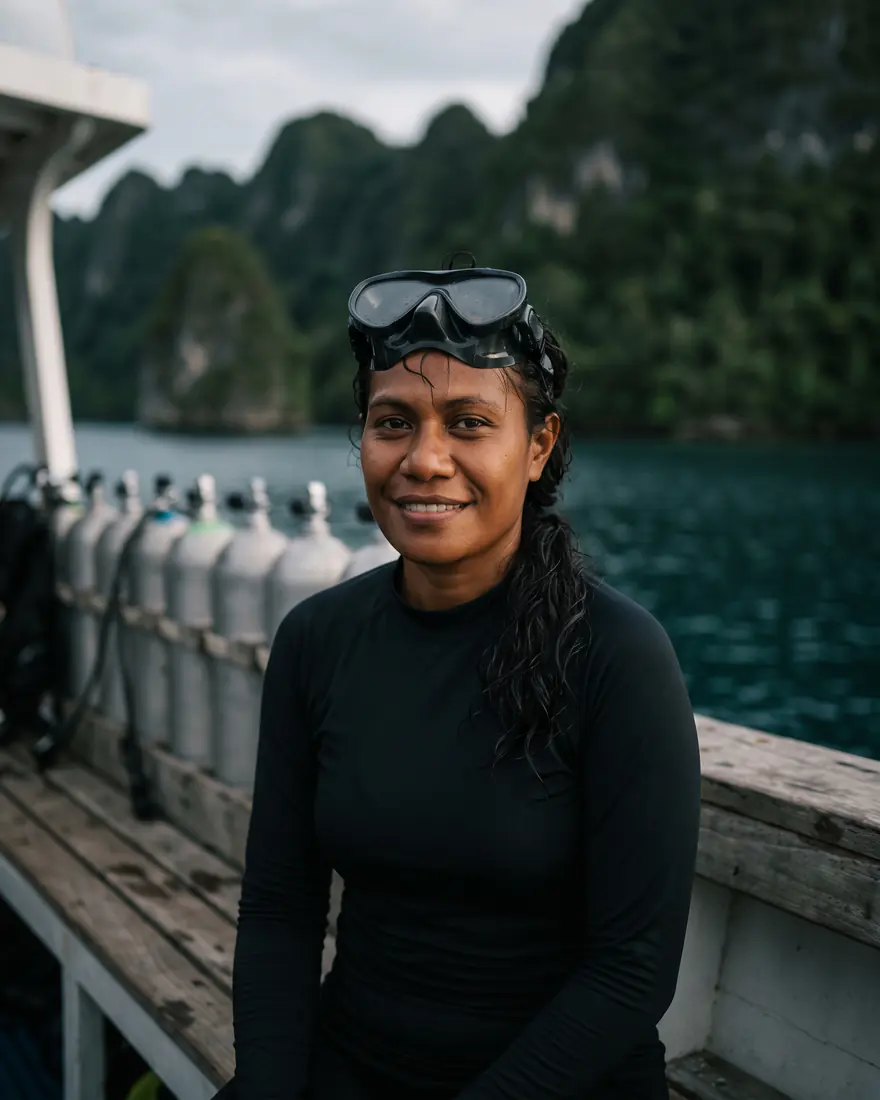 Sari Wulandari on a dive boat with a mask pushed up on her head