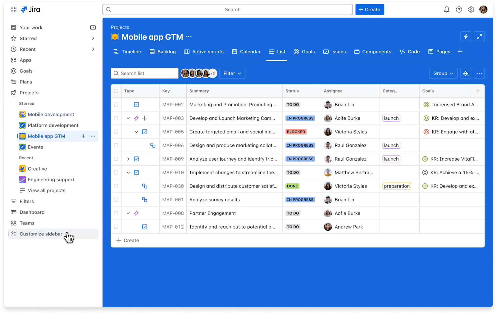 Jira's interface for projects