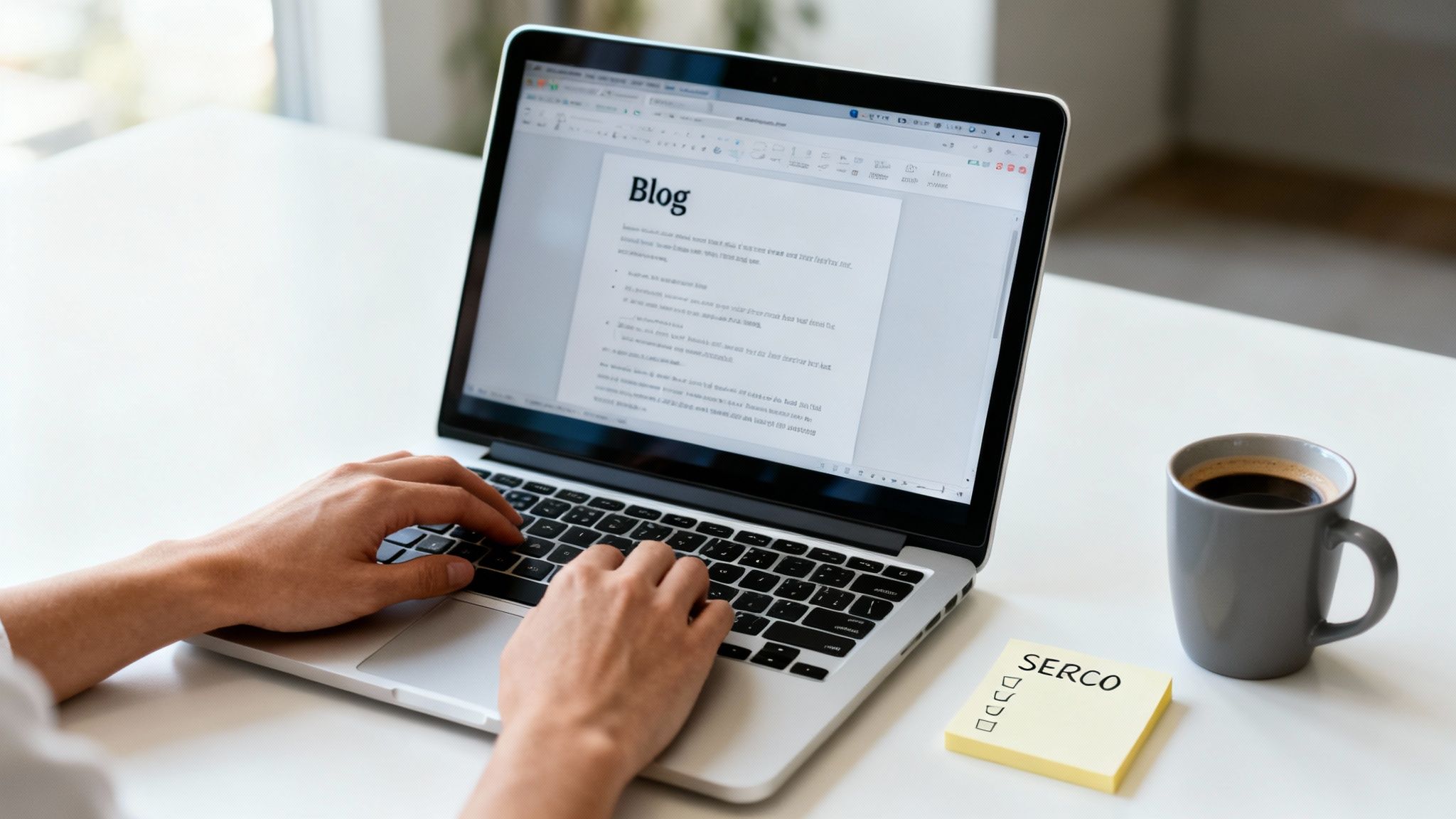 Person typing on a laptop, writing a blog post, with coffee and a 'SERCO' checklist nearby.